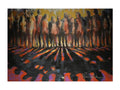 Artistic depiction of a group of people standing in a circle with warm lighting.